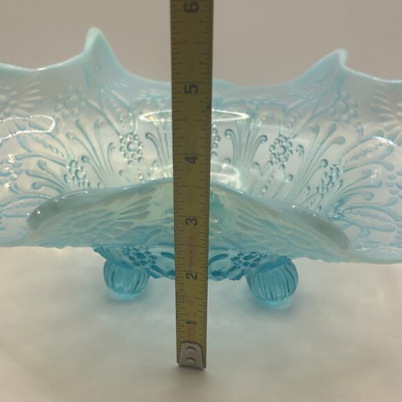 Antique Northwood Blue Opalescent Pearl Flowers Footed Bowl 9” Diameter - Picture 6 of 6